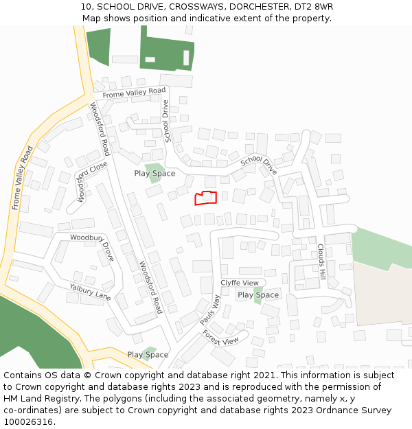 10, SCHOOL DRIVE, CROSSWAYS, DORCHESTER, DT2 8WR: Location map and indicative extent of plot