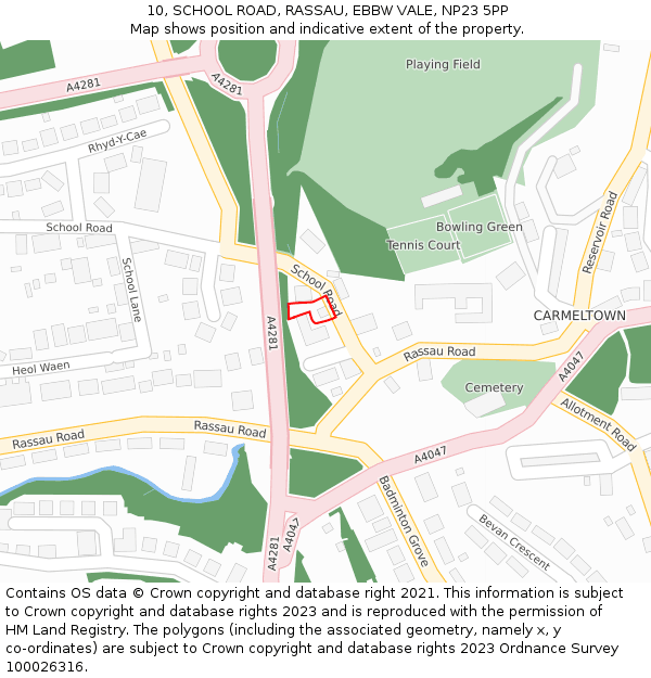 10, SCHOOL ROAD, RASSAU, EBBW VALE, NP23 5PP: Location map and indicative extent of plot