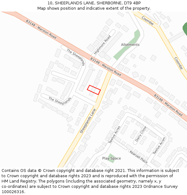 10, SHEEPLANDS LANE, SHERBORNE, DT9 4BP: Location map and indicative extent of plot