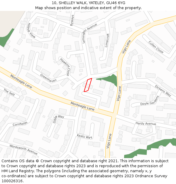 10, SHELLEY WALK, YATELEY, GU46 6YG: Location map and indicative extent of plot