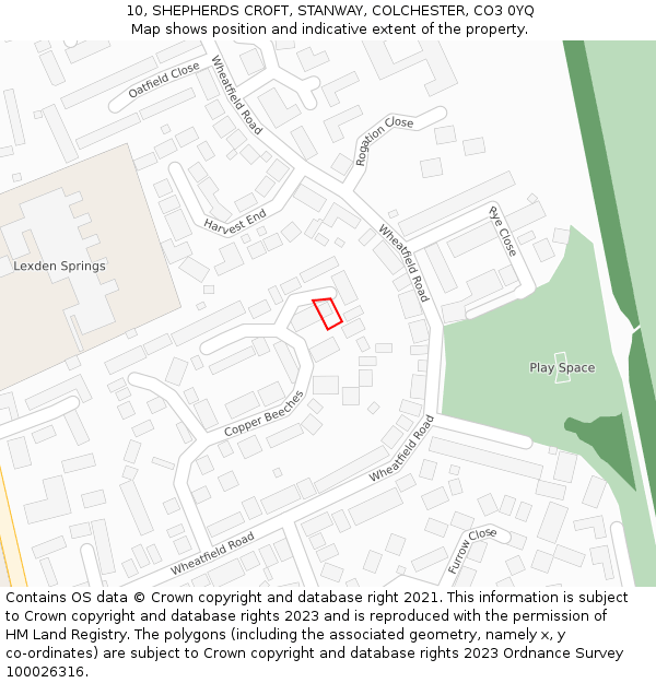 10, SHEPHERDS CROFT, STANWAY, COLCHESTER, CO3 0YQ: Location map and indicative extent of plot