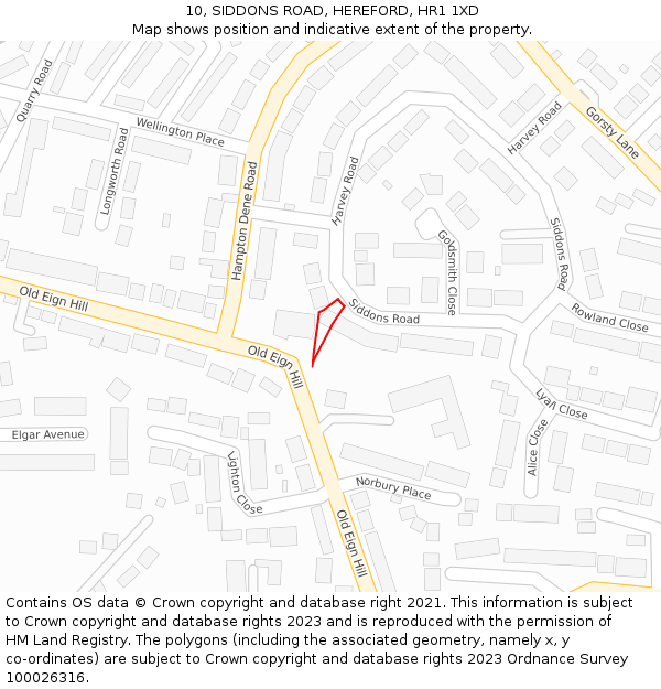 10, SIDDONS ROAD, HEREFORD, HR1 1XD: Location map and indicative extent of plot