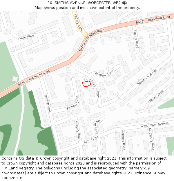 10, SMITHS AVENUE, WORCESTER, WR2 4JX: Location map and indicative extent of plot