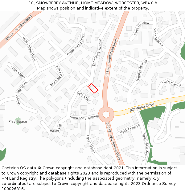 10, SNOWBERRY AVENUE, HOME MEADOW, WORCESTER, WR4 0JA: Location map and indicative extent of plot