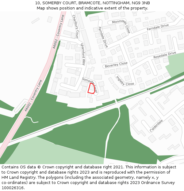 10, SOMERBY COURT, BRAMCOTE, NOTTINGHAM, NG9 3NB: Location map and indicative extent of plot