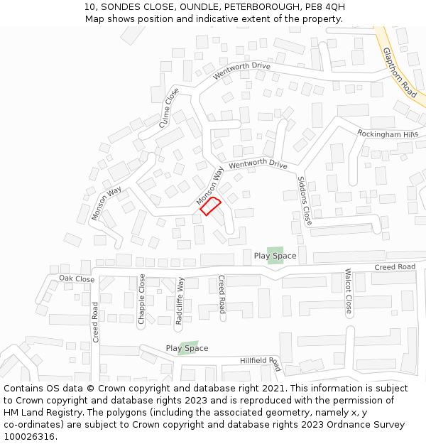 10, SONDES CLOSE, OUNDLE, PETERBOROUGH, PE8 4QH: Location map and indicative extent of plot