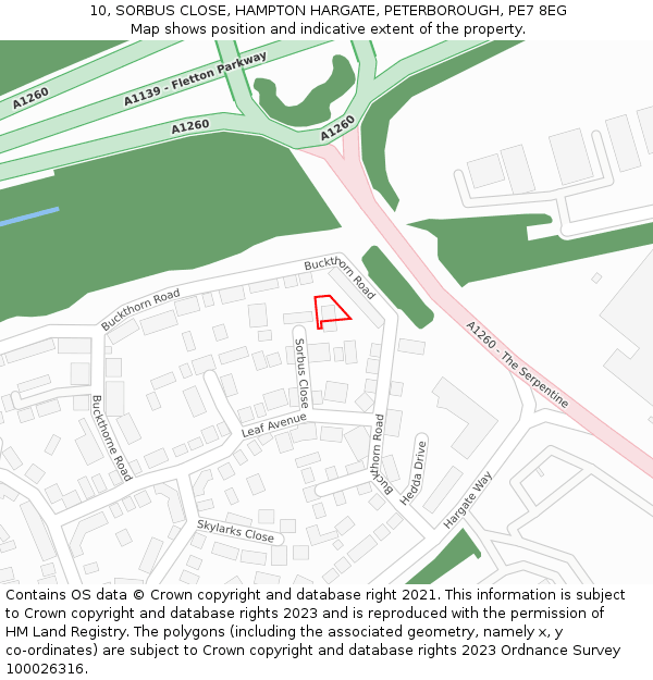 10, SORBUS CLOSE, HAMPTON HARGATE, PETERBOROUGH, PE7 8EG: Location map and indicative extent of plot