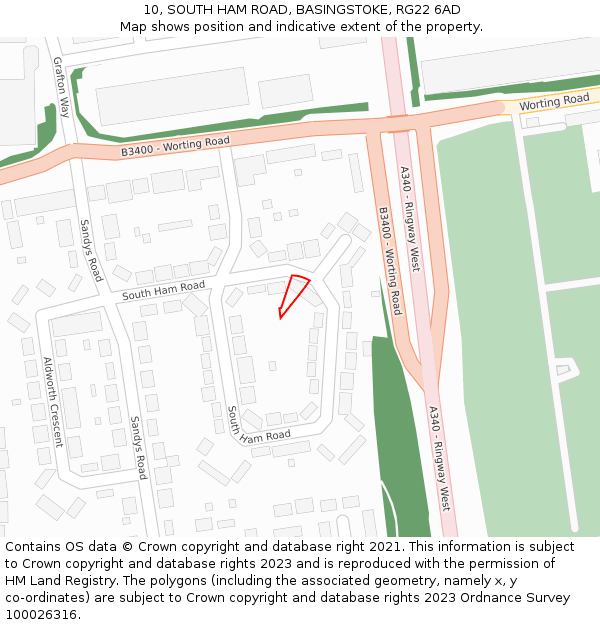 10, SOUTH HAM ROAD, BASINGSTOKE, RG22 6AD: Location map and indicative extent of plot