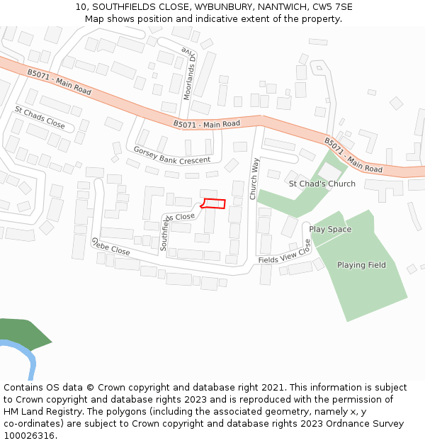 10, SOUTHFIELDS CLOSE, WYBUNBURY, NANTWICH, CW5 7SE: Location map and indicative extent of plot