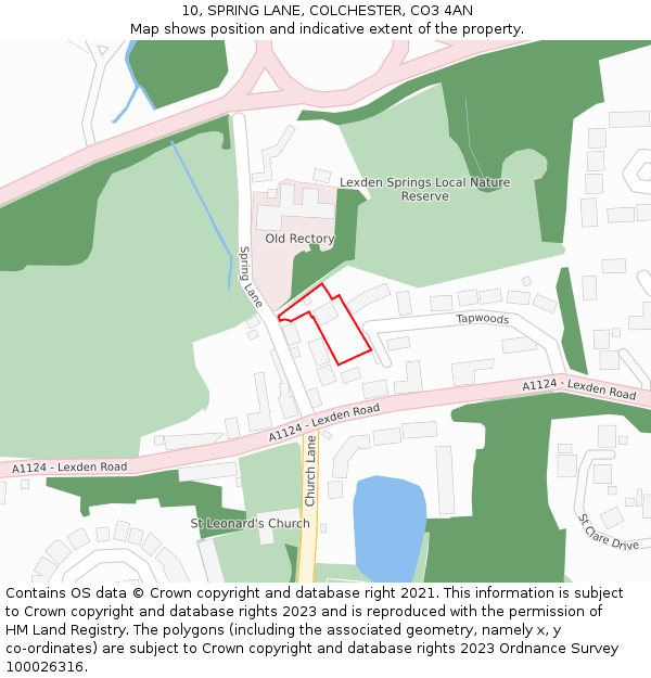 10, SPRING LANE, COLCHESTER, CO3 4AN: Location map and indicative extent of plot