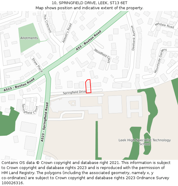 10, SPRINGFIELD DRIVE, LEEK, ST13 6ET: Location map and indicative extent of plot
