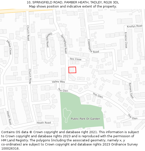 10, SPRINGFIELD ROAD, PAMBER HEATH, TADLEY, RG26 3DL: Location map and indicative extent of plot