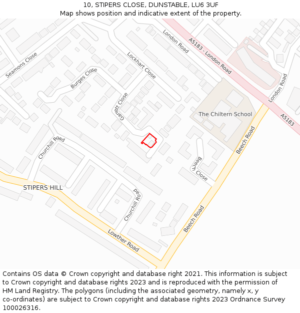 10, STIPERS CLOSE, DUNSTABLE, LU6 3UF: Location map and indicative extent of plot