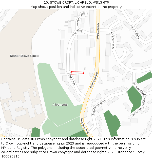 10, STOWE CROFT, LICHFIELD, WS13 6TP: Location map and indicative extent of plot