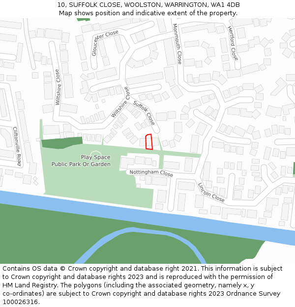10, SUFFOLK CLOSE, WOOLSTON, WARRINGTON, WA1 4DB: Location map and indicative extent of plot