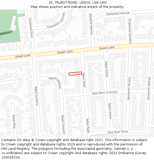 10, TALBOT ROAD, LEEDS, LS8 1AG: Location map and indicative extent of plot