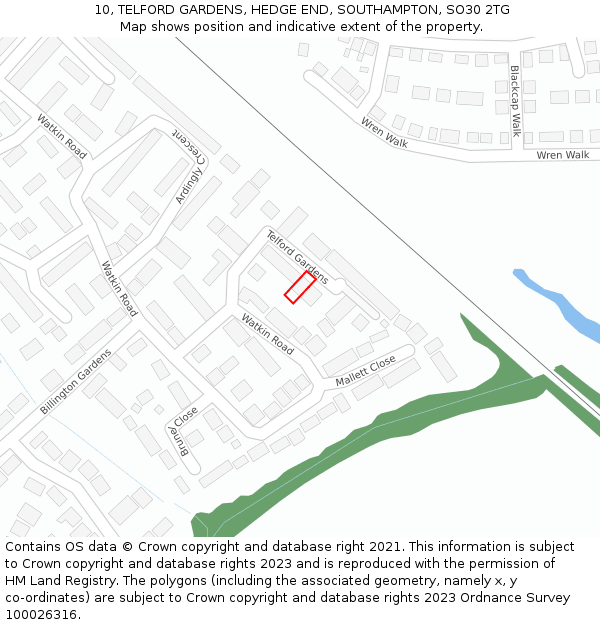 10, TELFORD GARDENS, HEDGE END, SOUTHAMPTON, SO30 2TG: Location map and indicative extent of plot