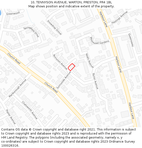 10, TENNYSON AVENUE, WARTON, PRESTON, PR4 1BL: Location map and indicative extent of plot
