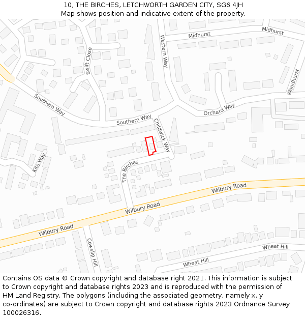 10, THE BIRCHES, LETCHWORTH GARDEN CITY, SG6 4JH: Location map and indicative extent of plot