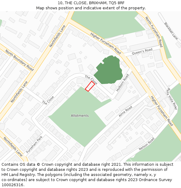 10, THE CLOSE, BRIXHAM, TQ5 8RF: Location map and indicative extent of plot