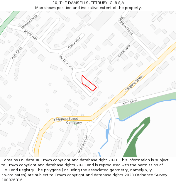 10, THE DAMSELLS, TETBURY, GL8 8JA: Location map and indicative extent of plot
