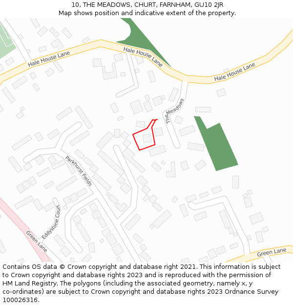 10, THE MEADOWS, CHURT, FARNHAM, GU10 2JR: Location map and indicative extent of plot
