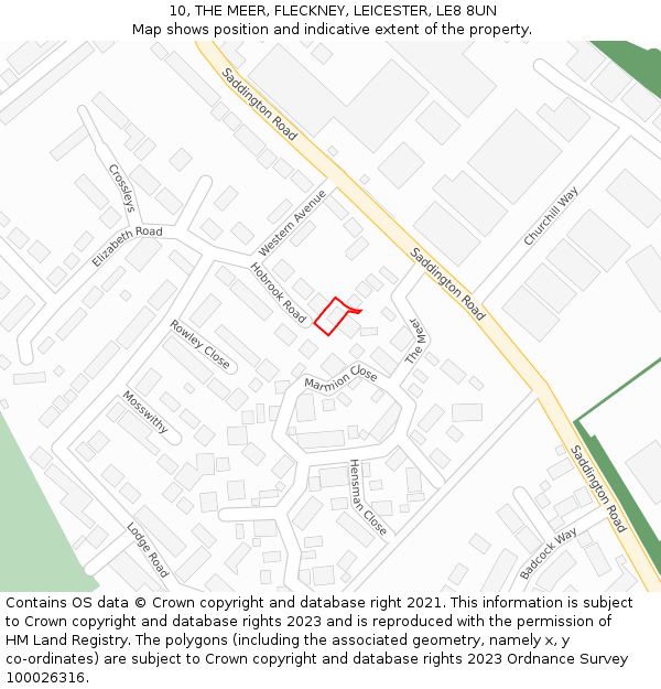 10, THE MEER, FLECKNEY, LEICESTER, LE8 8UN: Location map and indicative extent of plot