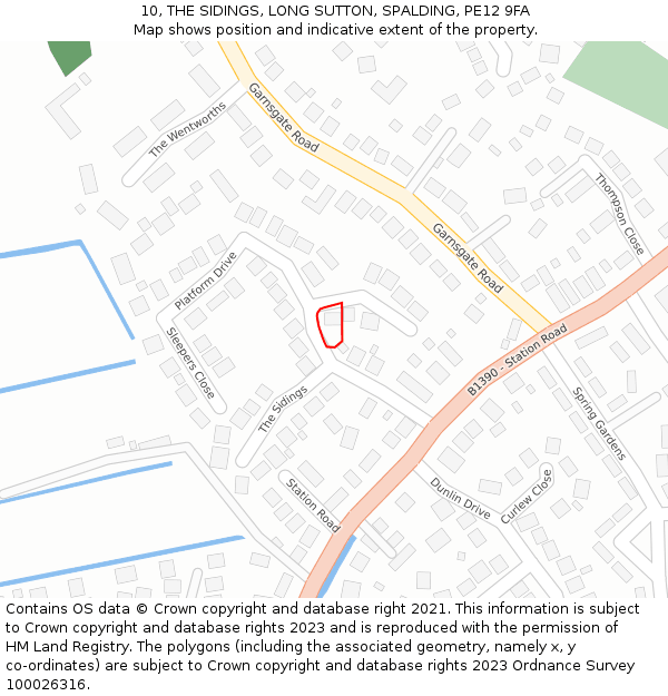 10, THE SIDINGS, LONG SUTTON, SPALDING, PE12 9FA: Location map and indicative extent of plot