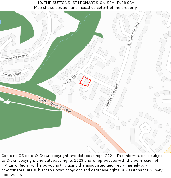 10, THE SUTTONS, ST LEONARDS-ON-SEA, TN38 9RA: Location map and indicative extent of plot