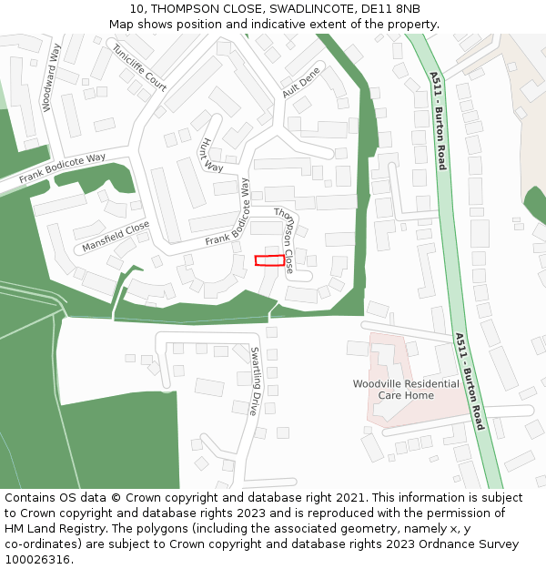10, THOMPSON CLOSE, SWADLINCOTE, DE11 8NB: Location map and indicative extent of plot