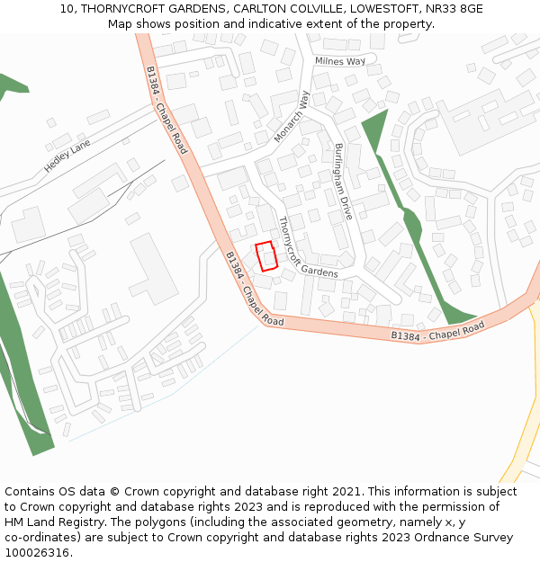 10, THORNYCROFT GARDENS, CARLTON COLVILLE, LOWESTOFT, NR33 8GE: Location map and indicative extent of plot