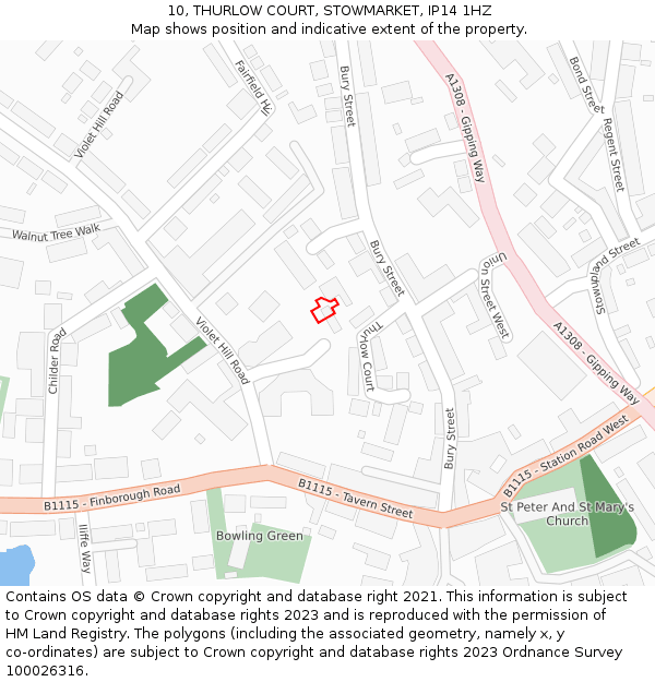 10, THURLOW COURT, STOWMARKET, IP14 1HZ: Location map and indicative extent of plot
