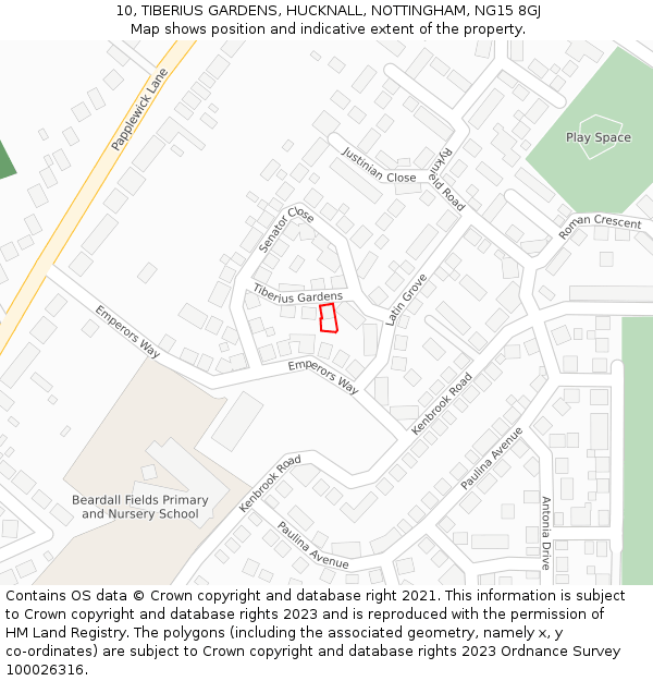 10, TIBERIUS GARDENS, HUCKNALL, NOTTINGHAM, NG15 8GJ: Location map and indicative extent of plot