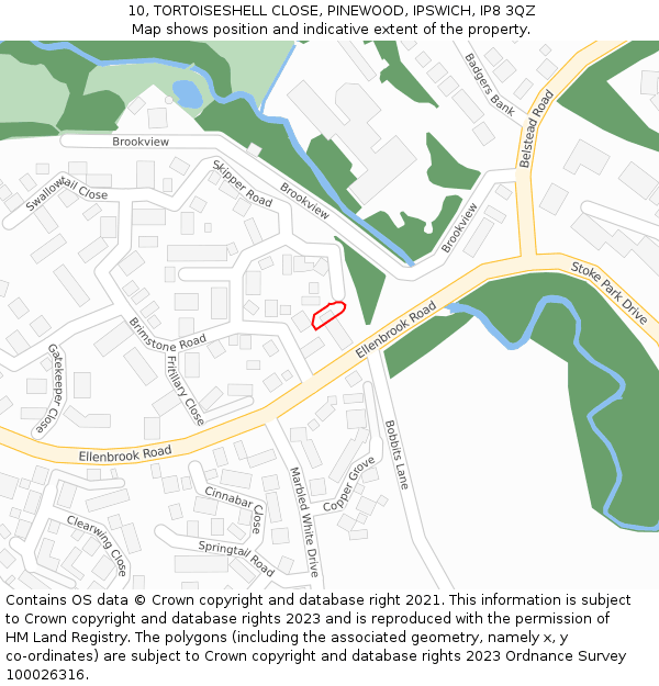 10, TORTOISESHELL CLOSE, PINEWOOD, IPSWICH, IP8 3QZ: Location map and indicative extent of plot