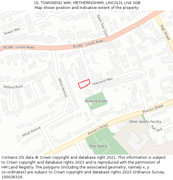 10, TOWNSEND WAY, METHERINGHAM, LINCOLN, LN4 3GB: Location map and indicative extent of plot