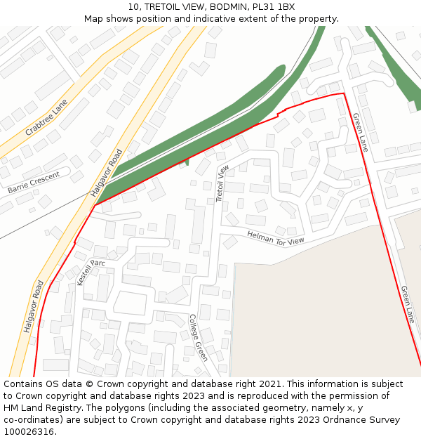 10, TRETOIL VIEW, BODMIN, PL31 1BX: Location map and indicative extent of plot