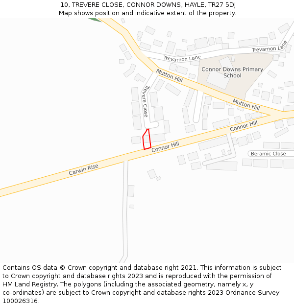 10, TREVERE CLOSE, CONNOR DOWNS, HAYLE, TR27 5DJ: Location map and indicative extent of plot