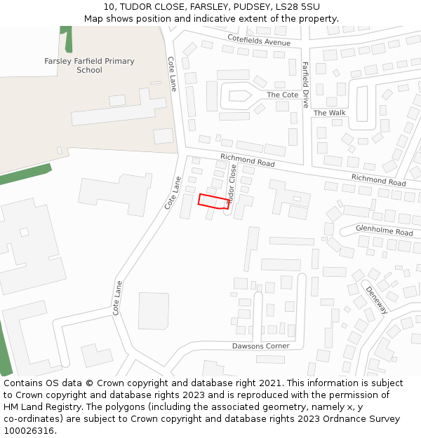 10, TUDOR CLOSE, FARSLEY, PUDSEY, LS28 5SU: Location map and indicative extent of plot