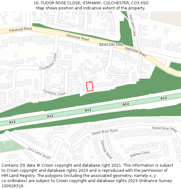 10, TUDOR ROSE CLOSE, STANWAY, COLCHESTER, CO3 0SD: Location map and indicative extent of plot