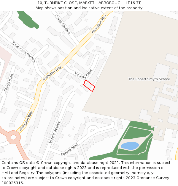 10, TURNPIKE CLOSE, MARKET HARBOROUGH, LE16 7TJ: Location map and indicative extent of plot