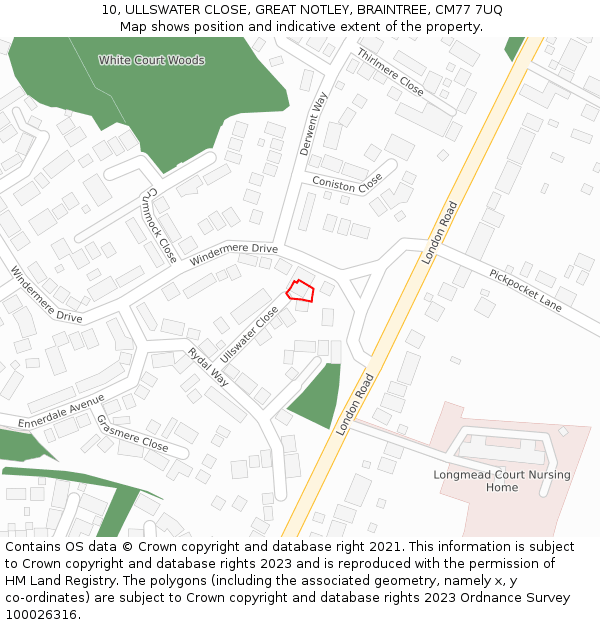 10, ULLSWATER CLOSE, GREAT NOTLEY, BRAINTREE, CM77 7UQ: Location map and indicative extent of plot