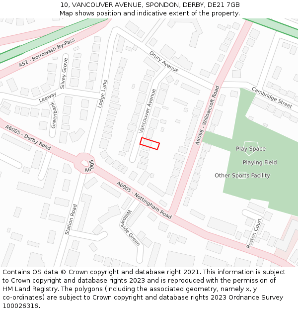 10, VANCOUVER AVENUE, SPONDON, DERBY, DE21 7GB: Location map and indicative extent of plot
