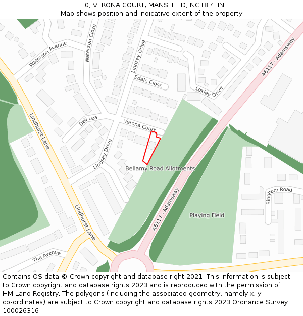 10, VERONA COURT, MANSFIELD, NG18 4HN: Location map and indicative extent of plot
