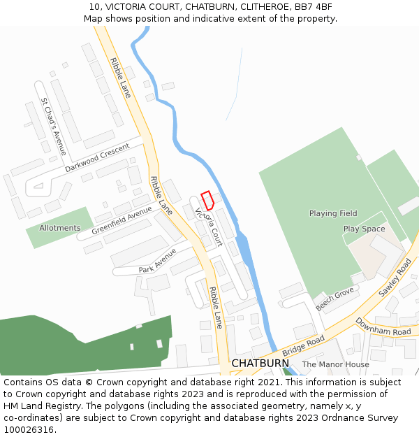 10, VICTORIA COURT, CHATBURN, CLITHEROE, BB7 4BF: Location map and indicative extent of plot