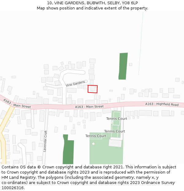 10, VINE GARDENS, BUBWITH, SELBY, YO8 6LP: Location map and indicative extent of plot