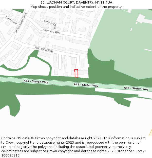 10, WADHAM COURT, DAVENTRY, NN11 4UA: Location map and indicative extent of plot