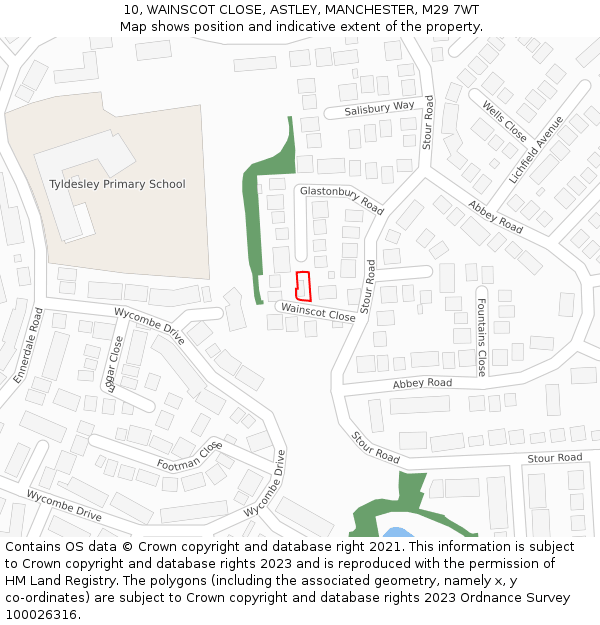 10, WAINSCOT CLOSE, ASTLEY, MANCHESTER, M29 7WT: Location map and indicative extent of plot