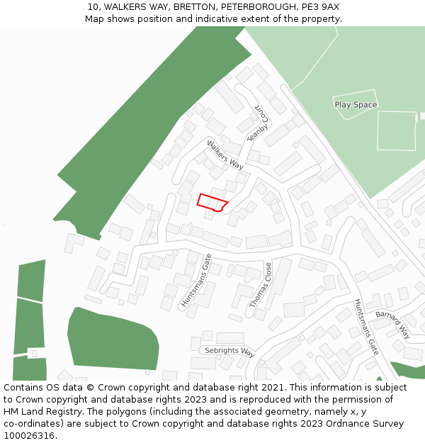 10, WALKERS WAY, BRETTON, PETERBOROUGH, PE3 9AX: Location map and indicative extent of plot