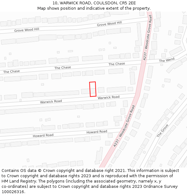 10, WARWICK ROAD, COULSDON, CR5 2EE: Location map and indicative extent of plot