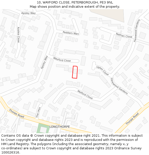 10, WAYFORD CLOSE, PETERBOROUGH, PE3 9NL: Location map and indicative extent of plot